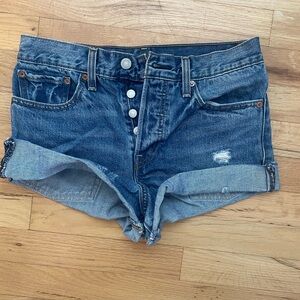 High-Rise Denim Cutoff Shorts in Dark Blue